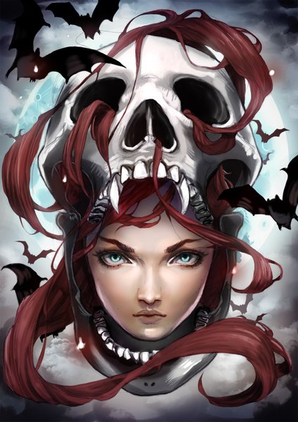 Anime picture 1414x2000 with original kagehana single long hair tall image looking at viewer green eyes cloud (clouds) red hair lips teeth fang (fangs) eyebrows halloween face fantasy girl animal moon full moon