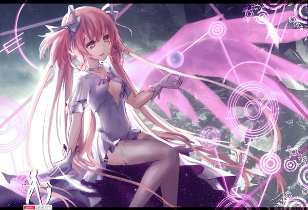 Anime picture 1447x987 with mahou shoujo madoka magica shaft (studio) kaname madoka wangchuan de quanyan single long hair red eyes sitting twintails pink hair girl thighhighs dress gloves bow hair bow white thighhighs wings