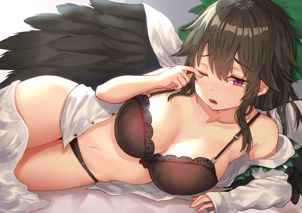 Anime picture 2047x1447 with touhou reiuji utsuho wowoguni single long hair looking at viewer blush fringe highres breasts open mouth light erotic black hair hair between eyes red eyes large breasts payot cleavage lying one eye closed