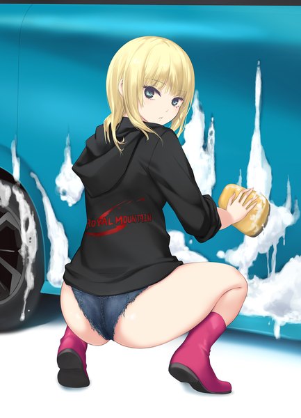 Anime picture 1445x2000 with original mele retanagua coffee-kizoku single long hair tall image looking at viewer fringe light erotic blonde hair holding green eyes full body ass blunt bangs parted lips looking back from behind spread legs squat