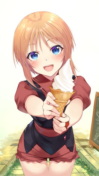 Anime picture 1125x2000 with mobile suit gundam gundam zz sunrise (studio) puru two koikeya single tall image looking at viewer blush short hair open mouth blue eyes standing holding :d orange hair outstretched hand girl food sweets