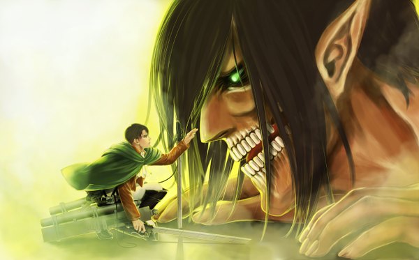 Anime picture 1300x809 with shingeki no kyojin production i.g eren yaeger levi (rivaille) rogue titan myme1 short hair black hair wide image green eyes profile pointy ears light smoke giant weapon sword cloak
