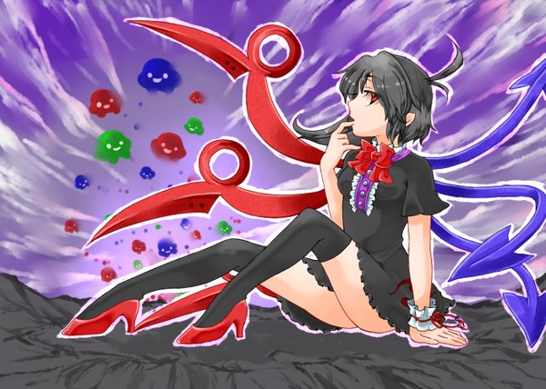 Anime picture 1400x1000 with touhou houjuu nue short hair black hair red eyes sitting girl thighhighs black thighhighs wings