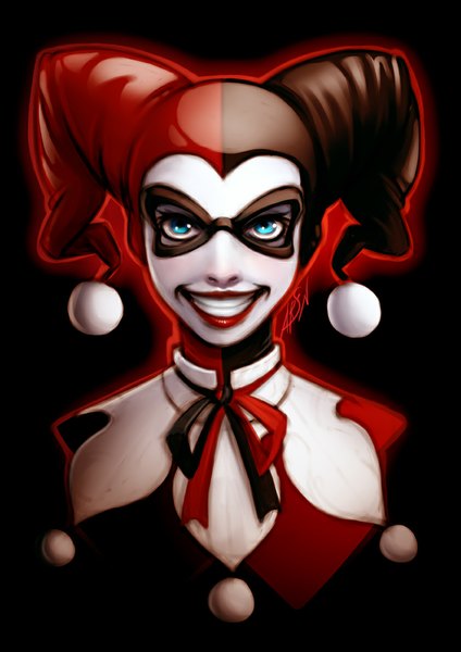 Anime picture 842x1191 with batman dc comics harley queen rafaarsen single tall image blue eyes simple background smile lips teeth lipstick black background red lipstick white skin girl headdress mask suit