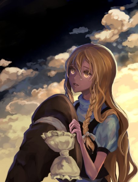 Anime picture 2056x2702 with touhou kirisame marisa hakoniwa (artist) single long hair tall image highres open mouth brown hair looking away sky cloud (clouds) witch girl dress witch hat