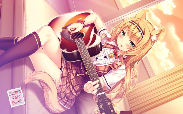 Anime picture 1200x750 with neko paradise neko works (studio) maple (sayori) sayori single looking at viewer blush light erotic smile sitting holding green eyes signed animal ears game cg sky cloud (clouds) ahoge bent knee (knees) tail