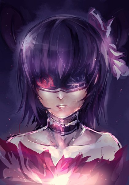 Anime picture 751x1071 with original maido mido single tall image fringe short hair bare shoulders purple hair close-up purple background girl choker mask