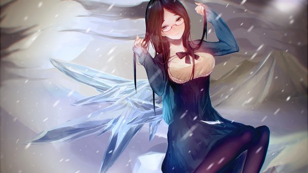 Anime picture 1920x1080 with original syozui single long hair blush highres breasts brown hair wide image large breasts sitting holding brown eyes adjusting hair snowing snow girl dress bow pantyhose