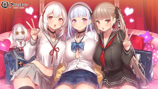 Anime picture 1422x800 with azur lane formidable (azur lane) sirius (azur lane) dido (azur lane) popqn long hair looking at viewer blush fringe short hair breasts open mouth light erotic smile red eyes brown hair wide image sitting purple eyes multiple girls