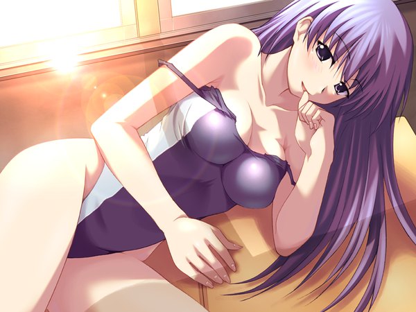 Anime picture 800x600 with hinatabokko tarte fue (tsuzuku) single long hair looking at viewer blush light erotic purple eyes game cg purple hair lying fingernails off shoulder lens flare on side strap slip finger in mouth girl swimsuit