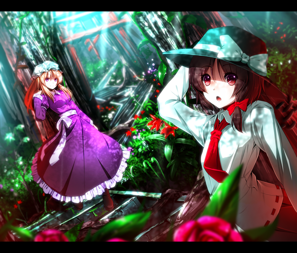 Anime picture 1500x1279 with touhou usami renko maribel hearn ryosios long hair looking at viewer short hair open mouth black hair blonde hair red eyes purple eyes multiple girls letterboxed girl dress flower (flowers) bow 2 girls plant (plants)