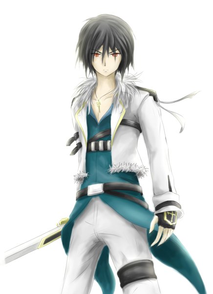 Anime picture 1600x2200 with original asakurashinji tall image looking at viewer short hair black hair red eyes white background boy weapon sword belt fingerless gloves pendant