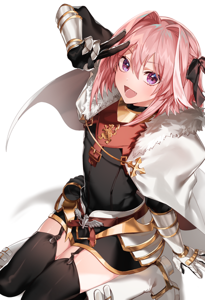 Anime picture 1796x2624 with fate (series) fate/apocrypha astolfo (fate) astolfo (saber) (fate) s2riridoll single long hair tall image looking at viewer blush fringe highres open mouth simple background smile hair between eyes white background sitting purple eyes pink hair