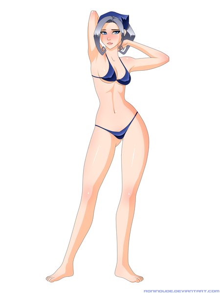 Anime picture 3000x4000 with ronin dude (ray cornwell) single tall image blush highres short hair blue eyes light erotic simple background white background lips grey hair arms up armpit (armpits) arms behind head girl navel swimsuit bikini