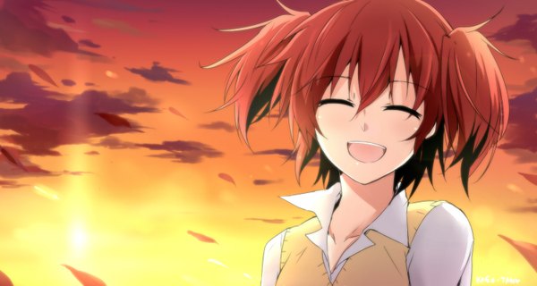 Anime picture 1500x800 with akuma no riddle ichinose haru kago-tan single short hair open mouth wide image twintails sky cloud (clouds) red hair eyes closed evening short twintails sunset ^ ^ ^o^ girl