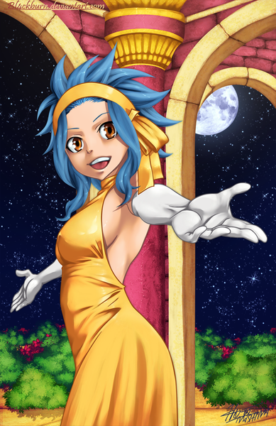 Anime picture 713x1100 with fairy tail levy mcgarden bl4ckburn single tall image short hair open mouth smile brown eyes blue hair night night sky coloring spread arms girl dress gloves elbow gloves hairband moon