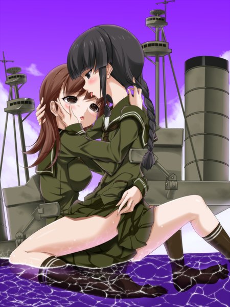 Anime picture 1000x1333 with kantai collection kitakami light cruiser ooi light cruiser mino106 long hair tall image blush light erotic black hair brown hair sitting multiple girls brown eyes braid (braids) shoujo ai face to face girl skirt uniform 2 girls