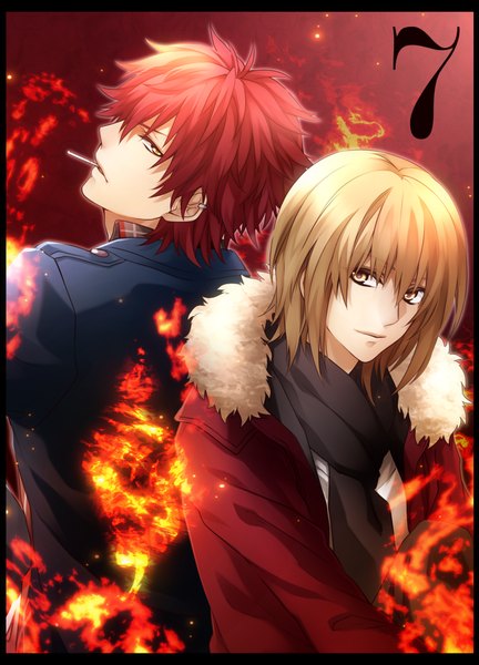 Anime picture 721x1000 with k-project gohands (studio) mikoto suoh totsuka tatara rico (fbn3) tall image looking at viewer short hair blonde hair holding brown eyes looking away red hair open clothes open jacket multiple boys mouth hold back to back spiked hair boy