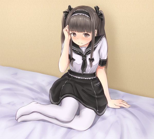 Anime picture 1000x901 with original minagiku single long hair looking at viewer fringe black hair sitting twintails brown eyes full body bent knee (knees) arm support no shoes adjusting hair scared girl uniform bow ribbon (ribbons)