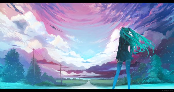 Anime picture 1875x1000 with vocaloid hatsune miku arsenixc long hair highres wide image twintails sky cloud (clouds) aqua hair landscape girl thighhighs power lines road