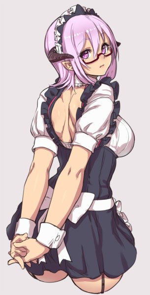 Anime picture 610x1200 with original houtengeki single tall image looking at viewer short hair simple background pink hair pink eyes horn (horns) pointy ears grey background maid turning head hands behind back girl dress bow glasses headdress