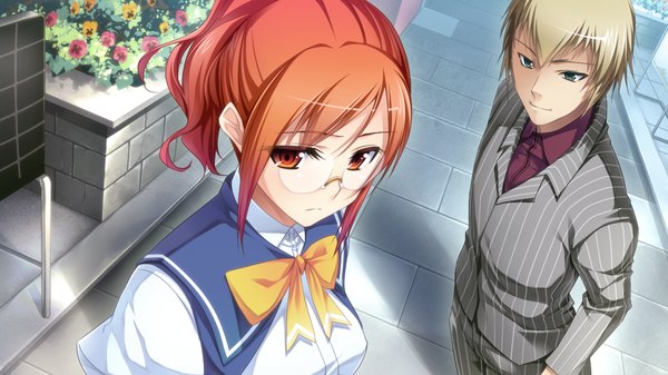 Anime picture 1280x720 with gensou douwa alicetale short hair blonde hair red eyes wide image game cg red hair girl boy uniform flower (flowers) school uniform glasses