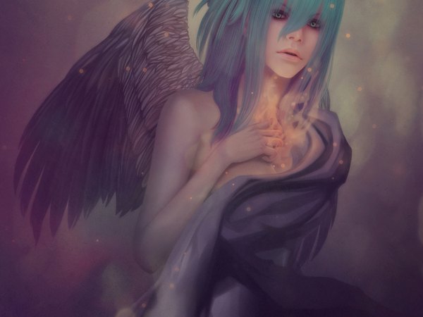 Anime picture 2000x1500 with original ripa666 single looking at viewer highres short hair blue eyes light erotic bare shoulders signed lips realistic aqua hair no bra magic black wings girl