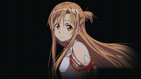 Anime picture 1366x768 with sword art online a-1 pictures yuuki asuna single long hair looking at viewer smile brown hair wide image bare shoulders brown eyes wallpaper black background girl detached sleeves