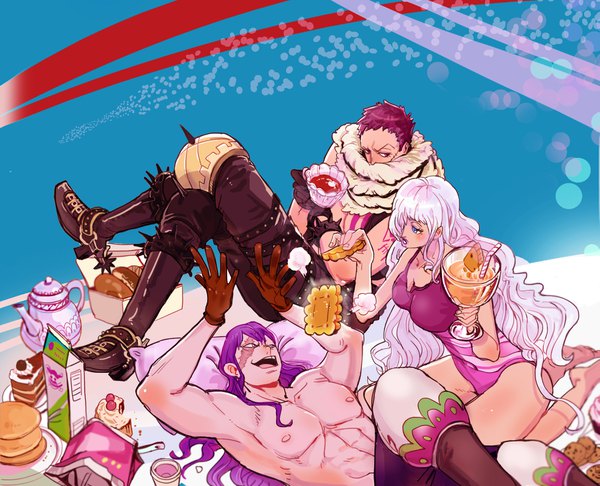 Anime picture 1853x1502 with one piece toei animation charlotte katakuri charlotte smoothie charlotte cracker living (pixiv5031111) long hair blush fringe highres short hair breasts open mouth blue eyes light erotic hair between eyes sitting purple eyes holding silver hair