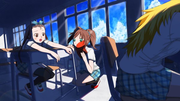 Anime picture 1281x720 with idolmaster hoshii miki minase iori takatsuki yayoi chika (orange pop) long hair blonde hair brown hair wide image sitting twintails brown eyes green eyes squat classroom rough time school thighhighs uniform school uniform desk