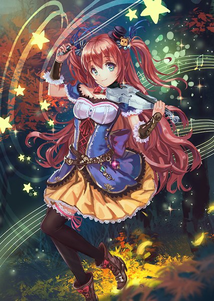 Anime picture 681x957 with original rakuhei (artist) single long hair tall image fringe blue eyes smile brown hair standing twintails bent knee (knees) sparkle high heels lacing underbust girl ribbon (ribbons) plant (plants) hair ribbon