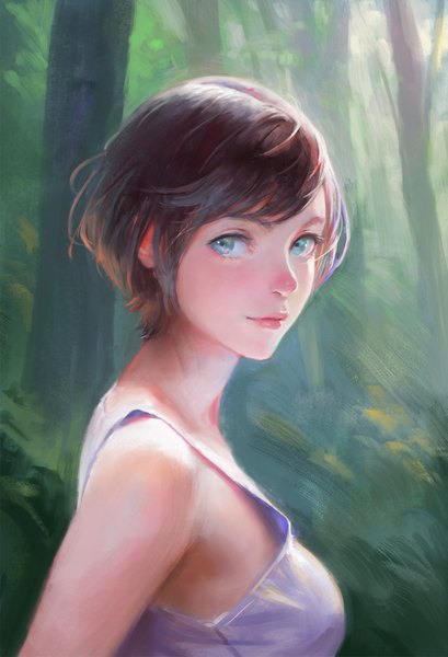 Anime picture 1309x1920 with original arata yokoyama single tall image looking at viewer blush fringe short hair brown hair bare shoulders green eyes upper body lips realistic girl plant (plants) tree (trees) forest tank top