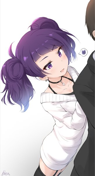 Anime picture 904x1669 with idolmaster idolmaster shiny colors tanaka mamimi basa rutan long hair tall image blush fringe short hair open mouth simple background smile brown hair white background purple eyes twintails signed purple hair blunt bangs long sleeves