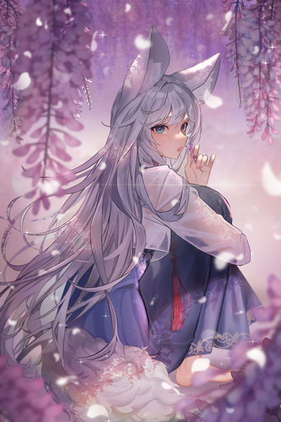 Anime picture 1200x1800 with original s2mias2 single long hair tall image looking at viewer fringe blue eyes sitting holding animal ears silver hair full body tail traditional clothes parted lips animal tail barefoot blurry sparkle