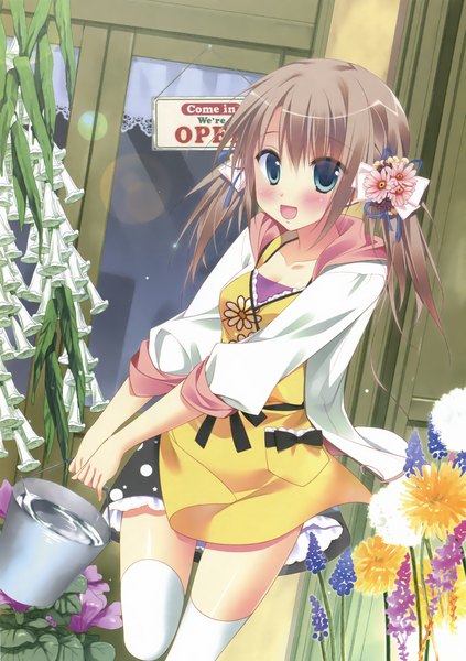 Anime picture 1905x2700 with sesena yau single long hair tall image looking at viewer blush highres open mouth blue eyes hair flower grey hair scan girl thighhighs dress hair ornament flower (flowers) white thighhighs bucket