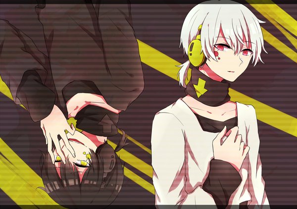 Anime picture 1400x989 with kagerou project shaft (studio) konoha (kagerou project) kuroha ringomaru looking at viewer short hair open mouth black hair smile red eyes green eyes silver hair facial mark dual persona hand on face boy headphones