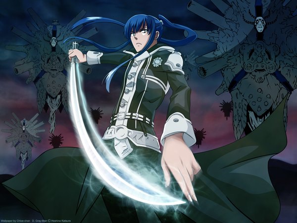Anime picture 1600x1200 with d.gray-man kanda yuu hoshino katsura chloe-chan (artist) single long hair looking at viewer signed blue hair outdoors ponytail copyright name floating hair dark background third-party edit fighting stance boy weapon sword
