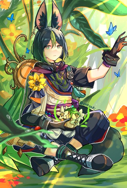 Anime picture 2756x4079 with genshin impact tighnari (genshin impact) ovosaki single tall image highres short hair black hair sitting signed animal ears outdoors multicolored hair arm up aqua eyes streaked hair twitter username indian style boy gloves