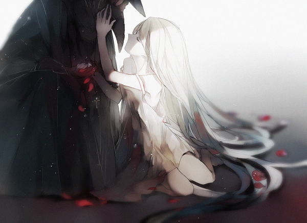 Anime picture 1500x1093 with original cui (jidanhaidaitang) fringe sitting white hair eyes closed very long hair barefoot arm up blurry bare legs short sleeves depth of field holding hands solo focus hand on another's face plague doctor girl dress boy