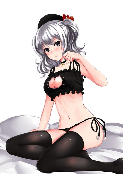 Anime picture 1200x1694 with kantai collection kashima training cruiser mizuki ame single long hair tall image looking at viewer blush breasts light erotic simple background white background silver hair black eyes underwear only paw pose remodel (kantai collection) girl thighhighs underwear
