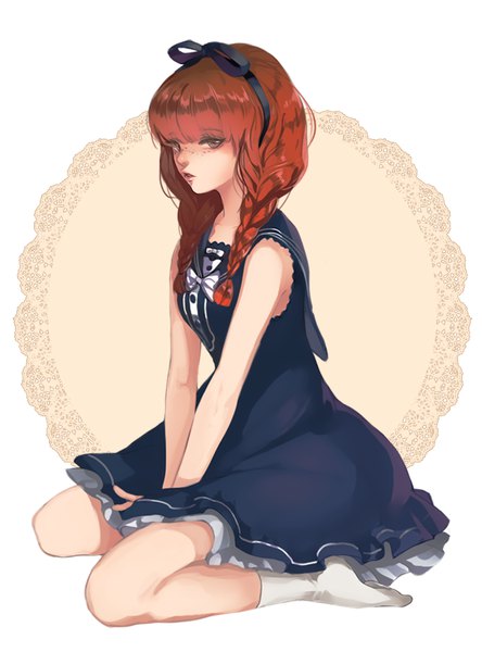 Anime picture 640x863 with original ruck single long hair tall image looking at viewer fringe simple background white background sitting bare shoulders brown eyes full body bent knee (knees) blunt bangs braid (braids) parted lips orange hair no shoes twin braids