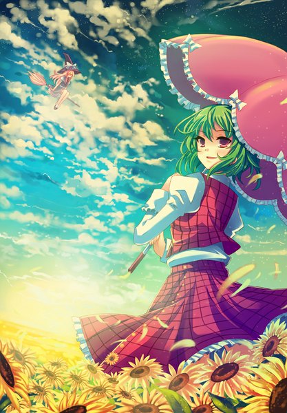 Anime picture 600x862 with touhou kirisame marisa kazami yuuka peach88 long hair tall image blush short hair open mouth blonde hair smile red eyes multiple girls sky cloud (clouds) traditional clothes looking back green hair sunlight morning