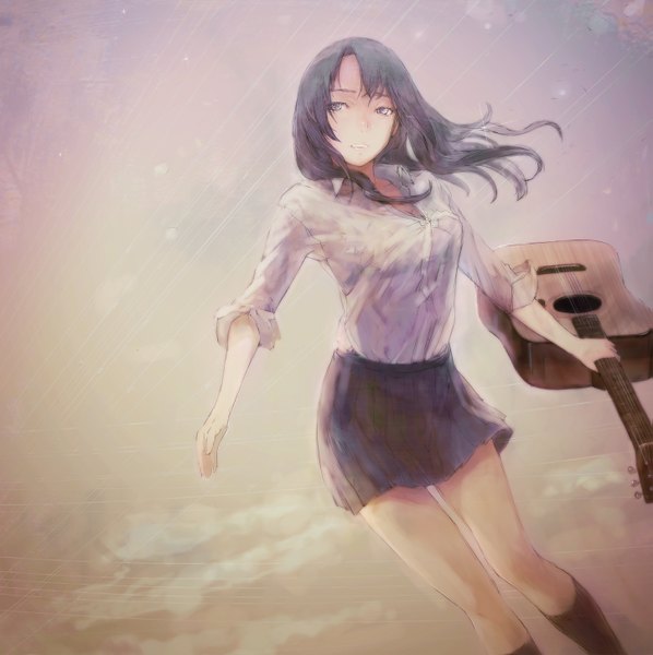 Anime picture 1447x1454 with original nimirom single short hair black hair wind grey eyes girl uniform school uniform socks black socks guitar