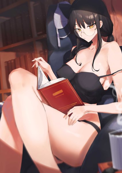 Anime picture 2894x4093 with original rororo single long hair tall image blush fringe highres breasts light erotic black hair large breasts sitting twintails bare shoulders yellow eyes looking away bent knee (knees) indoors fingernails
