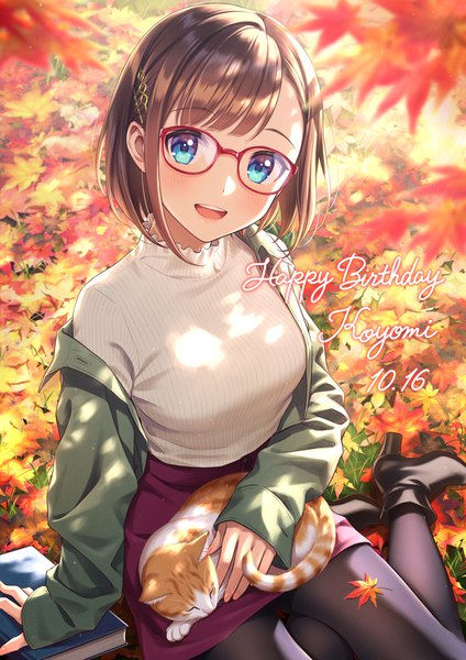 Anime picture 1013x1433 with original morikura en single tall image looking at viewer blush fringe short hair open mouth blue eyes smile sitting outdoors long sleeves :d from above blurry off shoulder arm support open jacket