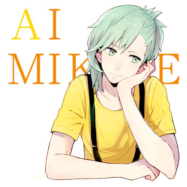 Anime picture 930x930 with uta no prince-sama a-1 pictures mikaze ai toko single fringe short hair simple background smile white background looking away aqua eyes aqua hair arm support character names boy t-shirt suspenders