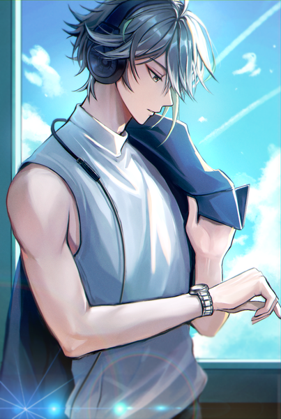 Anime picture 1189x1770 with genshin impact alhaitham (genshin impact) pponnya single tall image short hair sky silver hair cloud (clouds) upper body profile sleeveless looking down boy headphones clock wristwatch