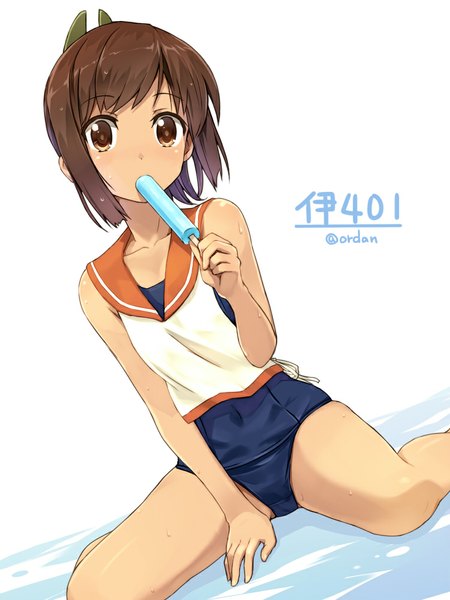 Anime picture 750x1000 with kantai collection i-401 aircraft carrying submarine orda single tall image blush short hair light erotic brown hair sitting brown eyes signed ponytail bare legs wet character names wariza girl swimsuit food