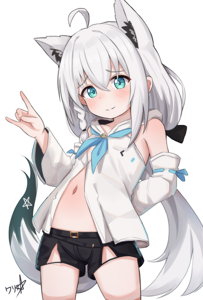 Anime picture 1760x2604 with virtual youtuber hololive shirakami fubuki shirakami fubuki (1st costume) boppin drawing single long hair tall image looking at viewer blush fringe highres light erotic simple background hair between eyes standing white background bare shoulders animal ears silver hair