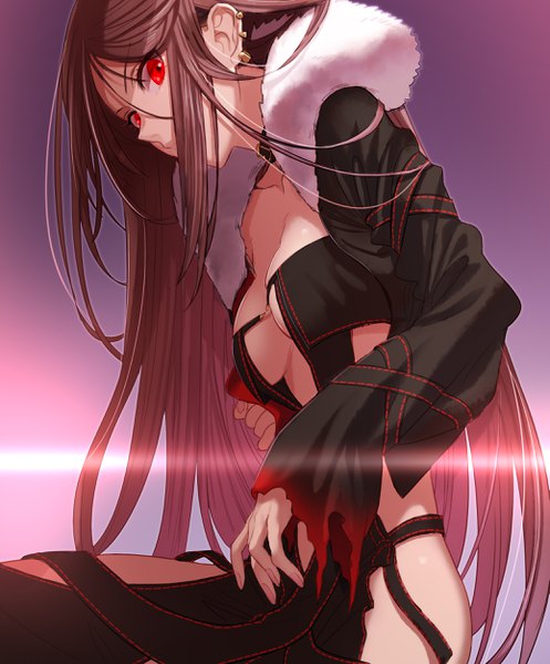 Anime picture 2074x2500 with fate (series) fate/grand order yu mei-ren (fate) hinomoto madoka single long hair tall image looking at viewer fringe highres breasts light erotic simple background hair between eyes red eyes brown hair large breasts payot fur trim piercing